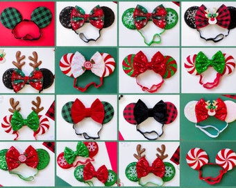 Christmas Minnie Ears, Christmas Minnie Ears with Elastic Headband, Mickey Ears, Christmas Ears, Holiday Mouse Ears, No Headache Mickey Ears