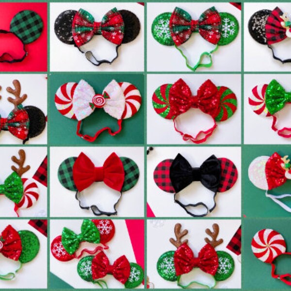 Christmas Minnie Ears, Christmas Minnie Ears with Elastic Headband, Mickey Ears, Christmas Ears, Holiday Mouse Ears, No Headache Mickey Ears