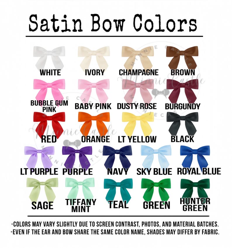 May include: A colour chart showing satin bow colours. The chart includes bows in shades like white, ivory, champagne, brown, bubble gum pink, baby pink, dusty rose, burgundy, red, orange, lt yellow, black, lt purple, purple, navy, sky blue, royal blue, sage, tiffany mint, teal, green, and hunter green.