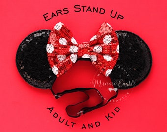 Minnie ears, Mickey ears elastic band, Mouse ears, Red white polka dot Mickey ears, adults and kids toddlers mouse ears with adjustable band