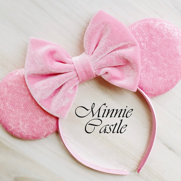 Pink Mickey Ears, Mickey Ears, Minnie Ears, Pink Mouse Ears, Mouse Ears Headband, Pink Ears, Sequin Mickey Ears W Velvet Bow, Mickey Ears