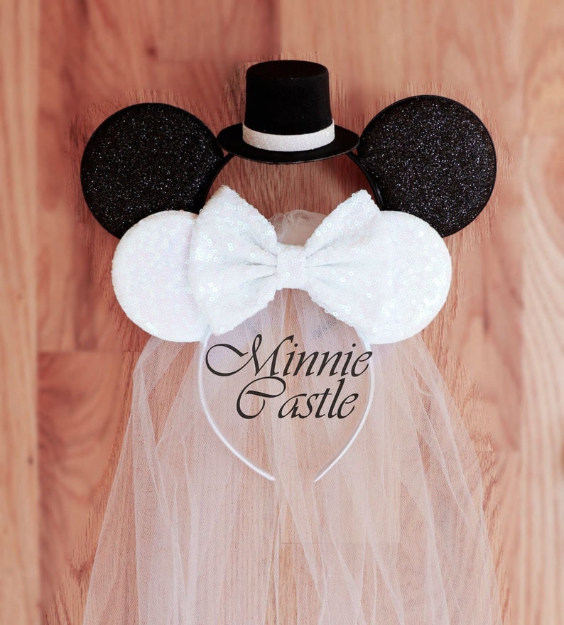 Bride & Groom ears, Bride ears, Bride Minnie mouse ears , White Bride Mickey ears Headband, honeymoon ears, Wedding ears, engagement ears image 1