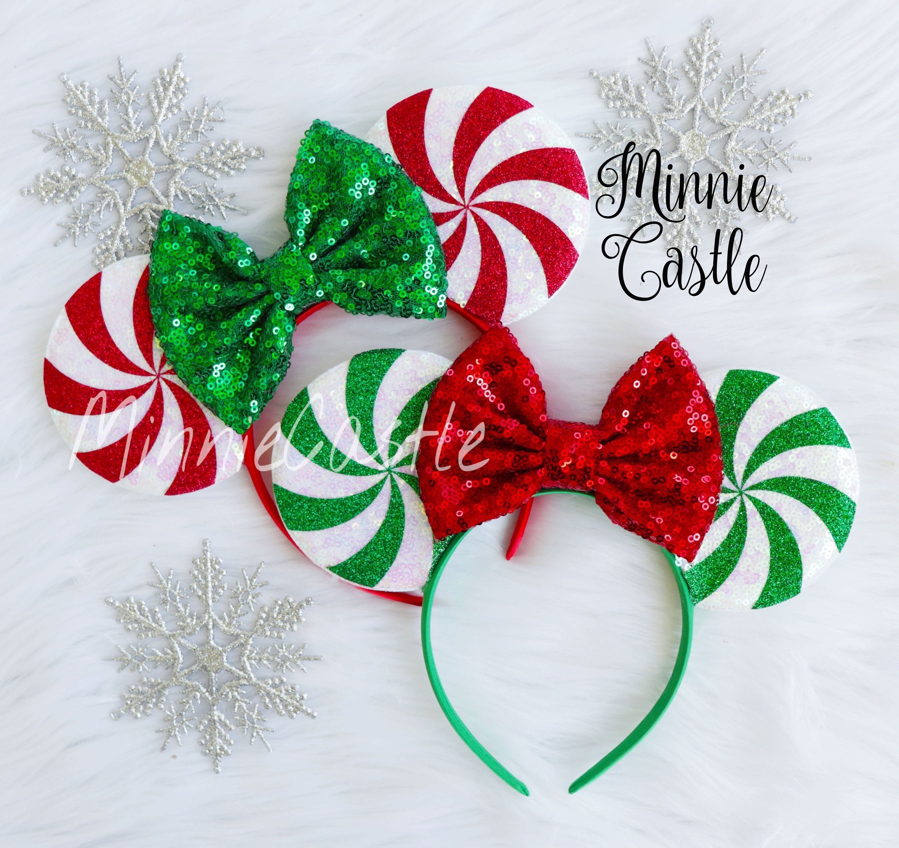 Peppermint Christmas Ears, Mickey Ears, Holiday Minnie ears, Peppermint Mouse Ears Headband, X Mas Candy Mickey Ears Gift for Kids & Adults