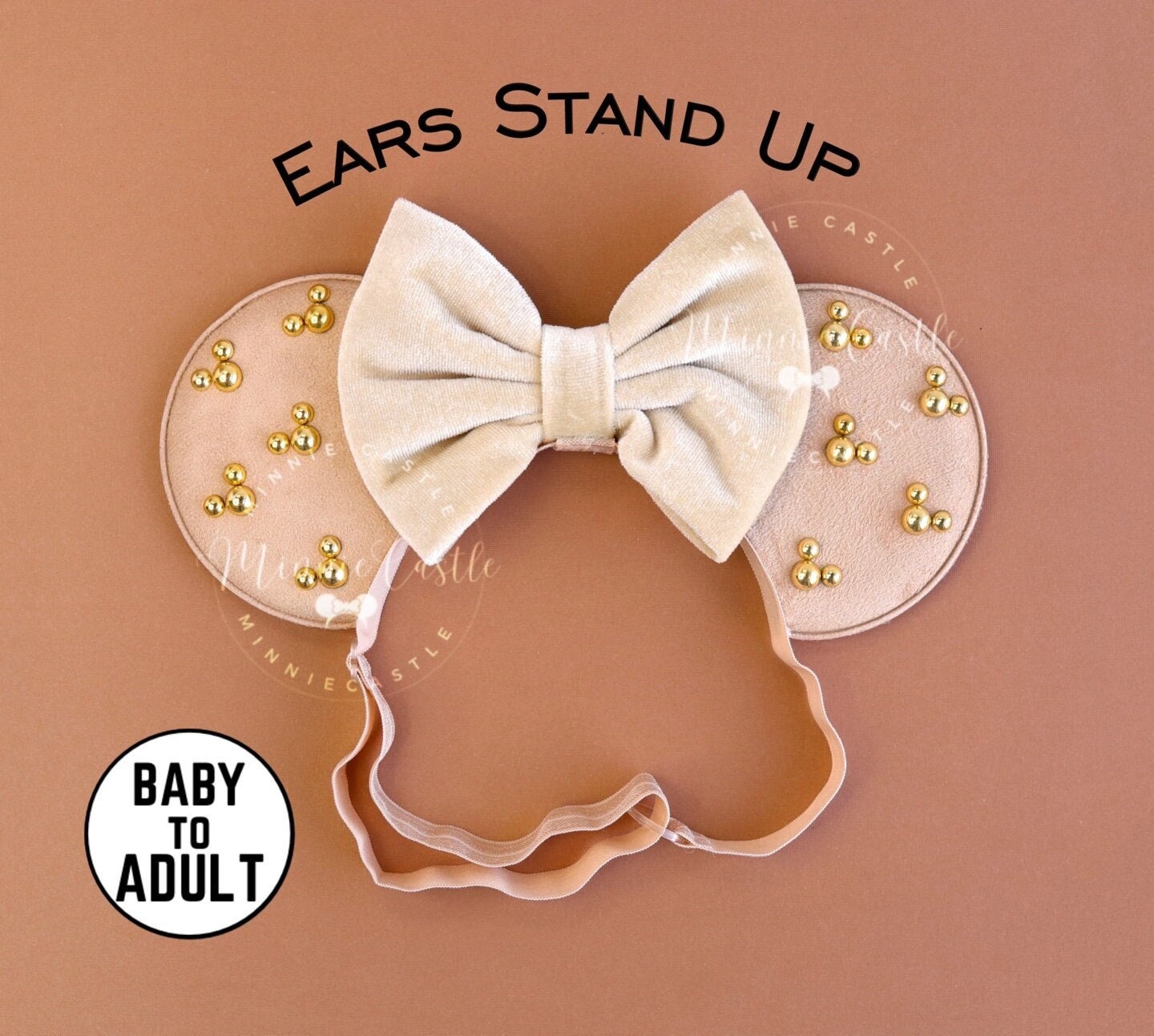 Mickey Ears, Beige Mickey Ears, Gold Minnie Charms Ears, Adult Women Minnie Ears, Mickey Ears with Elastic Headband, Gold Pearl Minnie Ears