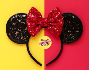 Orejas de ratón rojas y negras, orejas de Minnie, orejas de Mickey, orejas de ratón con lazo rojo, orejas de Minnie, diadema con orejas de ratón, orejas clásicas de Minnie, orejas de Mickey