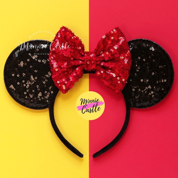 Mouse Ears Red Bow Black Headband Classic Minnie Mickey Ears Kids & Adults