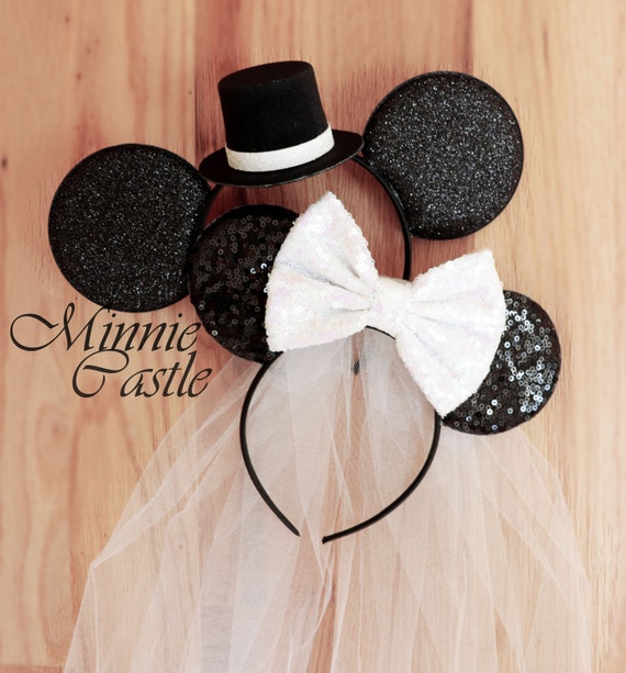 Bride & Groom Mouse Ears, Mickey Ears, Bride Minnie Ears Headband, honeymoon ears, bride gift ideas, engagement ears, Black and White Ears