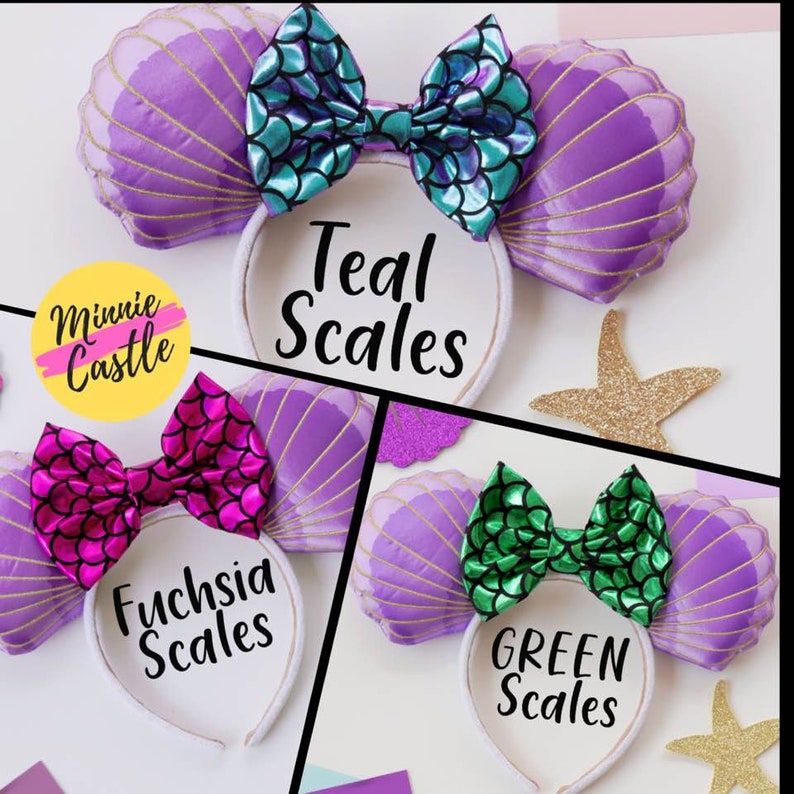 May include: Headbands with seashell-shaped ears in purple, gold, and white. Each headband features a bow with a scale pattern in teal, fuchsia, or green. The text on the headband reads "Teal Scales", "Fuchsia Scales", and "Green Scales".