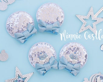 Cinderell Minnie Ears Hair Clips for Kids, Princess Carriage Mickey Ears, Silver & Sky Blue Mouse Ears for Toddlers, Birthday Gift Hair Clip
