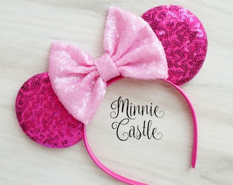 Mouse Ears Fuchsia Pink Headband Mickey Minnie Sequin Ears Kids & Adults