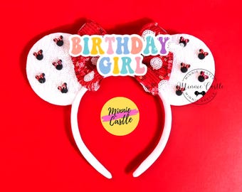 Minnie Alloy Mouse Ears, Birthday Girl Mickey Ears with Red White Polka Dots Bow, Cute Minnie Headband for Kids & Women, White and Red Ears