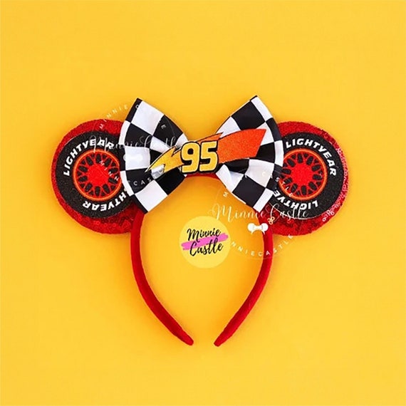 Tire Race Car Mouse Ears Headband | Checkered Flag 95 Lightning Sequin Bow | Kids Adults Park Trip Gift Ideas