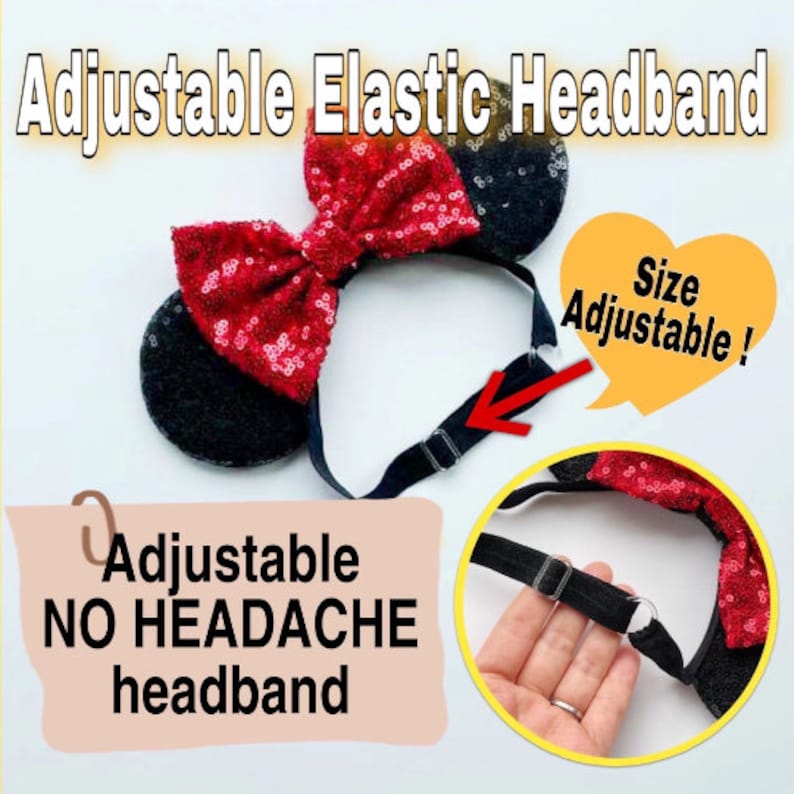 Op de afbeelding: Een rood en zwart pailletten hoofdband met een verstelbare elastische band. Het hoofdband heeft een strik en muisoren. "Grootte verstelbaar!" en "Verstelbaar hoofdband ZONDER HOOFDPIJN" staan op de afbeelding.