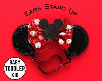 Mickey Head Ears, Mickey Ears, Baby toddlers Minnie Ears, Red White Polka dots Mouse Ears, Minnie Ears, Mouse Ears Elastic Headband