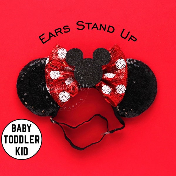Oreilles de tête de Mickey, oreilles de Mickey, bébé tout-petits oreilles de Minnie, oreilles de souris à pois blancs rouges, oreilles de Minnie, bandeau élastique oreilles de souris