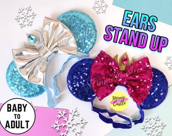 Elsa and Anna Mickey Ears, Frozen Mouse Ears, Elsa Mickey Ears, Princess Ears, Minnie Ears, Mouse Ears with Elastic Headband, Mickey Ears