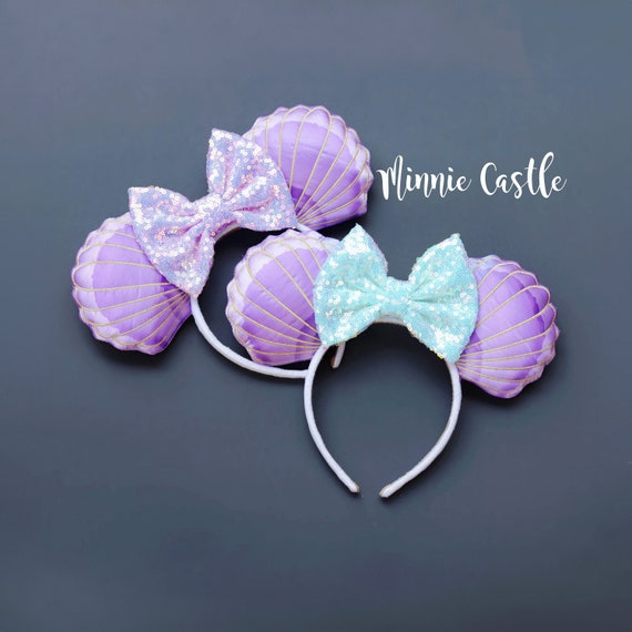 Mermaid Shell Mouse Ears with Bow | Purple Satin 3D Puffy Satin Headband | Magic Theme Park Accessories