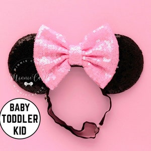 Mickey Ears, Baby Pink Minnie Ears, Baby Toddlers Minnie Ears, Pink Bow Mickey Ears, Minnie Ears, Mouse Ears with Elastic Headband