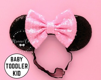 Mickey Ears, Baby Pink Minnie Ears, Baby Toddlers Minnie Ears, Pink Bow Mickey Ears, Minnie Ears, Mouse Ears with Elastic Headband