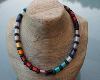 Polaris Beaded Necklace / Collier Rainbow Necklace made of shiny Polaris rollers with real lava roundels!! Unique!!