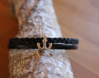 Genuine handmade leather bracelet with an anchor as sliding bead / slider !! Unique!!