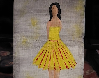Small canvas,Girl painting,Wanderlust painting,bohemian painting,Fashion art,Tiny canvas,yellow dress, Yellow Woman painting
