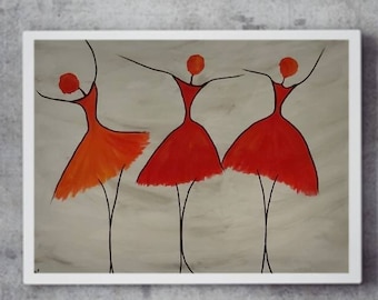 Original Abstract Ballerinas Painting in Red-Orange Tones, fit in any room artwork, Red Dancers Painting , Red room Decor,love to dance gift