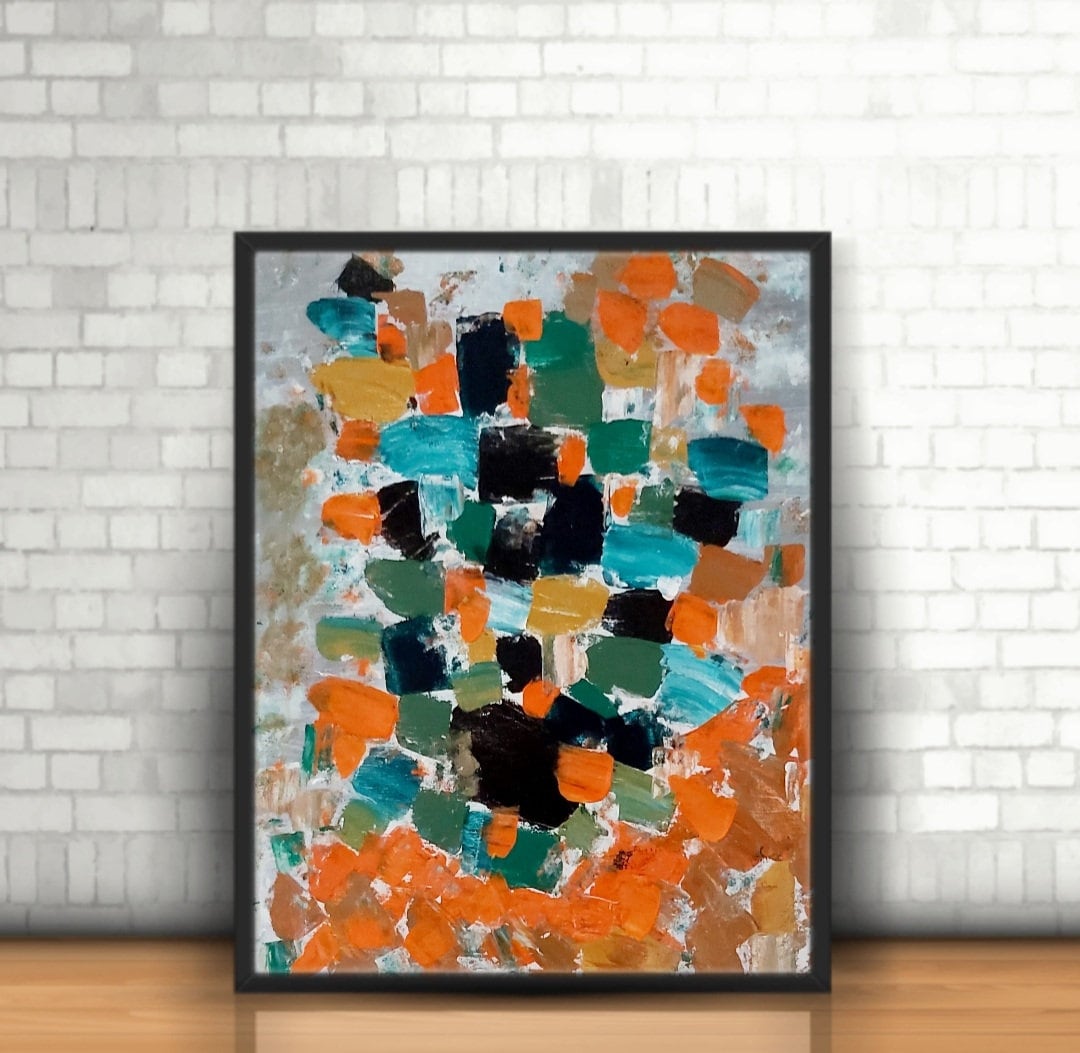 Abstract kubiz Painting Canvas Orange Green Wall Art with White Color as Minimalist Artwork for Modern Home Wall Decor Inactive Geometricthumbnail