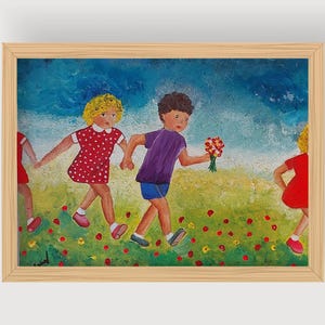 Nostalgic Childhood Painting Original Art of Children Playing with Flowers Children Room Decor Vintag Painting for Childrens Room Paintings