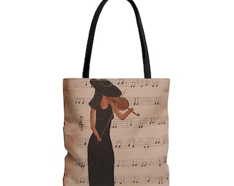 Vintage Tote bag, Violin player and sheet music printed on bag Musical Notes Print Original Gift Art Bag, Unique gift for music lovers mom