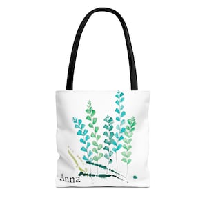 Blumenzweige Einkaufstasche, Personalisierbare Canvas Einkaufstasche, Blau Grün Türkis Handtasche, Benutzerdefinierte Name Stücke und perfekte Geschenke Auffallend