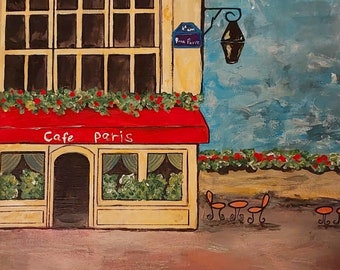 French coffee Shops painting original Impasto Handmade small cityscape with Paris street vintage Beautiful Paris coffee Shops Romantic paris