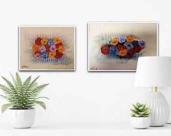 Original Set Flower painting, Small Blossom Art, Israel Miniature Art,Housewarming gift Wedding gift, popular mom gifts,Multicolor Painting