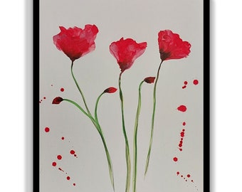 Colorful Watercolor Painting on Acid-Free Paper Red Wall Decor Vivid Peony Floral Set for gift  botanical  size 8/11.8Single source painting