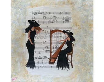 Women Musicians Painting, Elegance Painting, Musical Duo-Art,Violin Harp Art, Gift for Music Lover Art,Musical Women Gift, Original Note Art