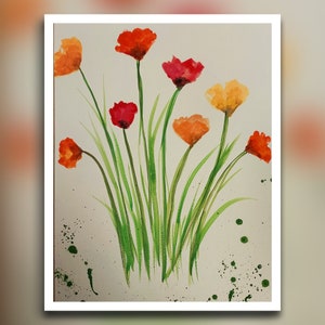 Rote und orange Pfingstrose Botanische Malerei der Frühlingsgartenblumen, Narzissennarzisse und Tulpen, Frühlingsblumen, Blumenkunst für ein zartes Zuhause