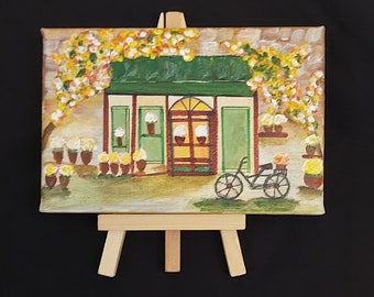 Blumenläden Gemälde Original Impasto Handgefertigte kleine Stadtlandschaft mit romantischen Straße Vintage schöne grüne Blumenläden einzigartiges Geschenk