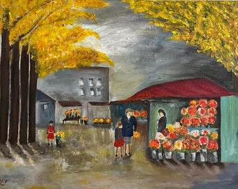 Vintage Paris Flower Market Painting,French Street Scene Art Painting Paris Street,Charming Flower Sellers in Paris - Antique French Market