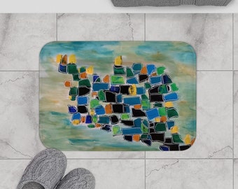 Original Painting Printed, Abstract Boho Bath Mats,Green Decor,Bathroom Decor Accent, Geometric Bath Mat,Simple Minimalist home, Vibrant Rug