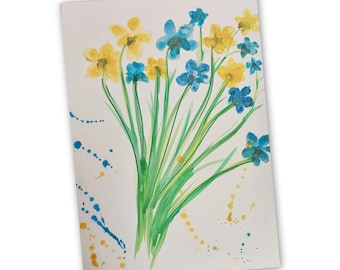 Handmade Retro Painting on Acid-Free Paper, yellow and blue shades, flower Set for mom, Botanical  Single source painting "The Mom" Gifts