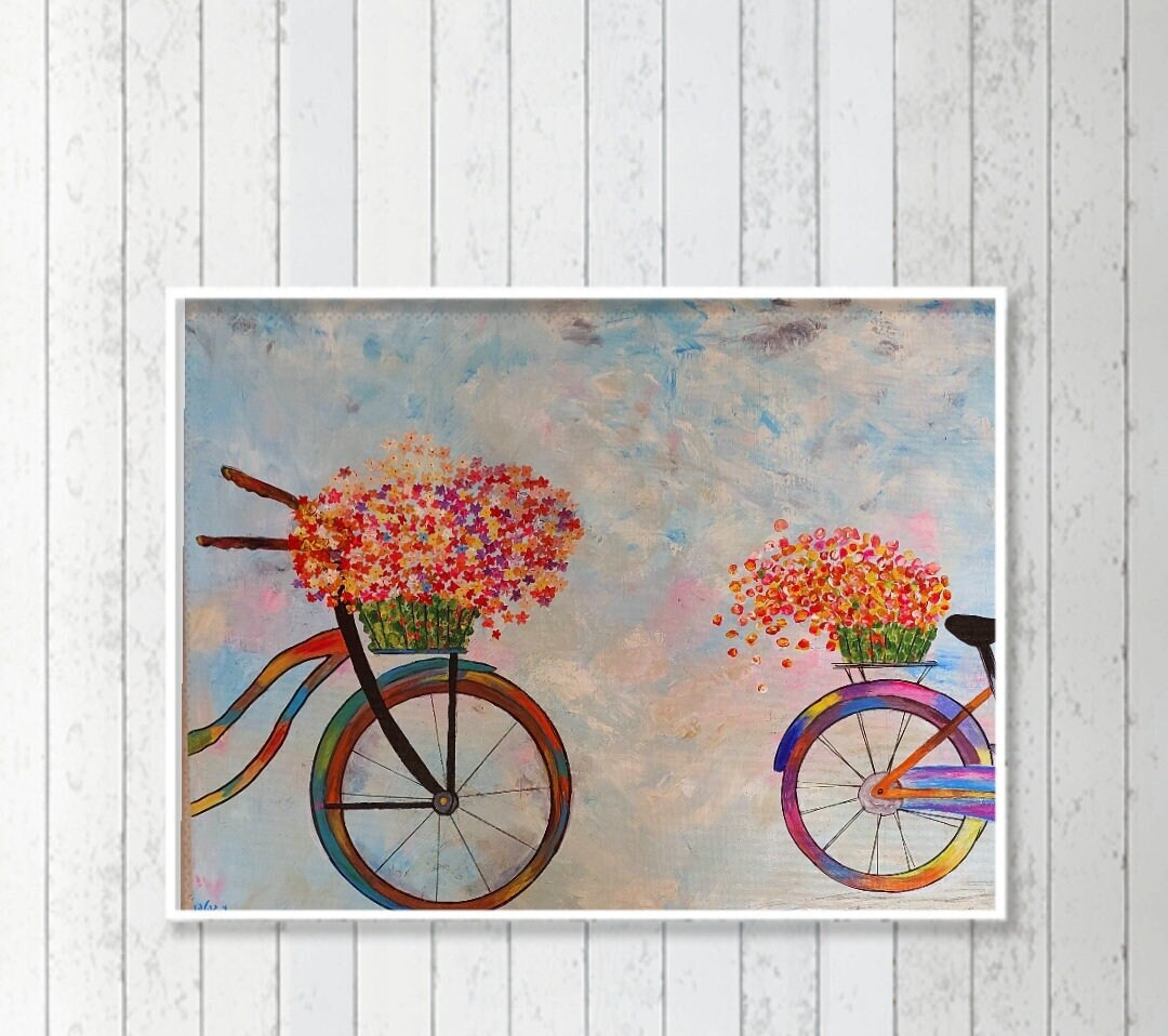 Bicycle With Flower Basket Bicycle Painting Bicycle Artwork Etsy