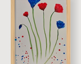Colorful Watercolor Painting on Acid-Free Paper Wall Decor Red and blue anemones  Set for gift  botanical  size 8/11.8Single source painting