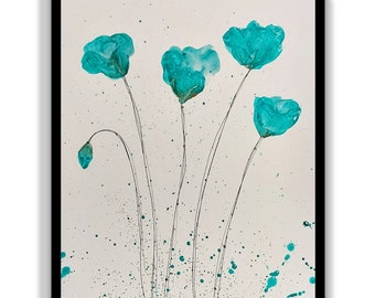 Turquoise Watercolor Painting on Acid-Free Paper Wall Decor  Turquoise anemones  Set for gift  botanical size 8/11.8 Single source painting