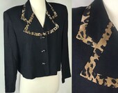 Vintage 90s Black Leopard Print Jacket Pin-up Rockabilly Coat 1990s Dress Coat Animal Print Jacket Crop Jacket Blazer
