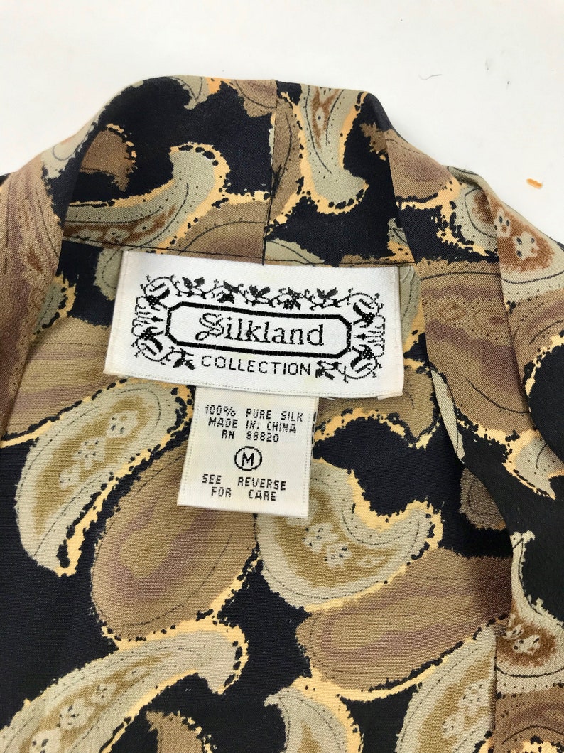 Vintage 90s Olive Green Paisley Silk Blouse Shirt Blazer Jacket 90s Button Up Top Double Breasted Summer Coat Sheer Blouse Dress Top