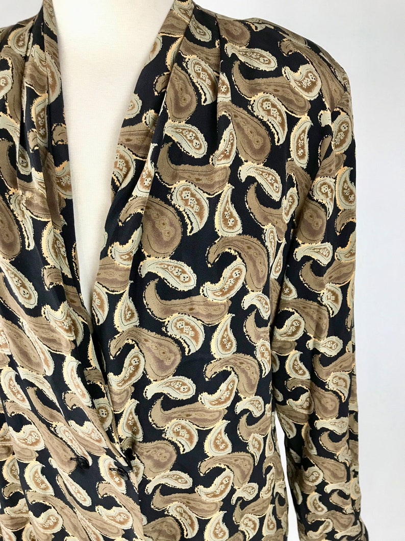 Vintage 90s Olive Green Paisley Silk Blouse Shirt Blazer Jacket 90s Button Up Top Double Breasted Summer Coat Sheer Blouse Dress Top