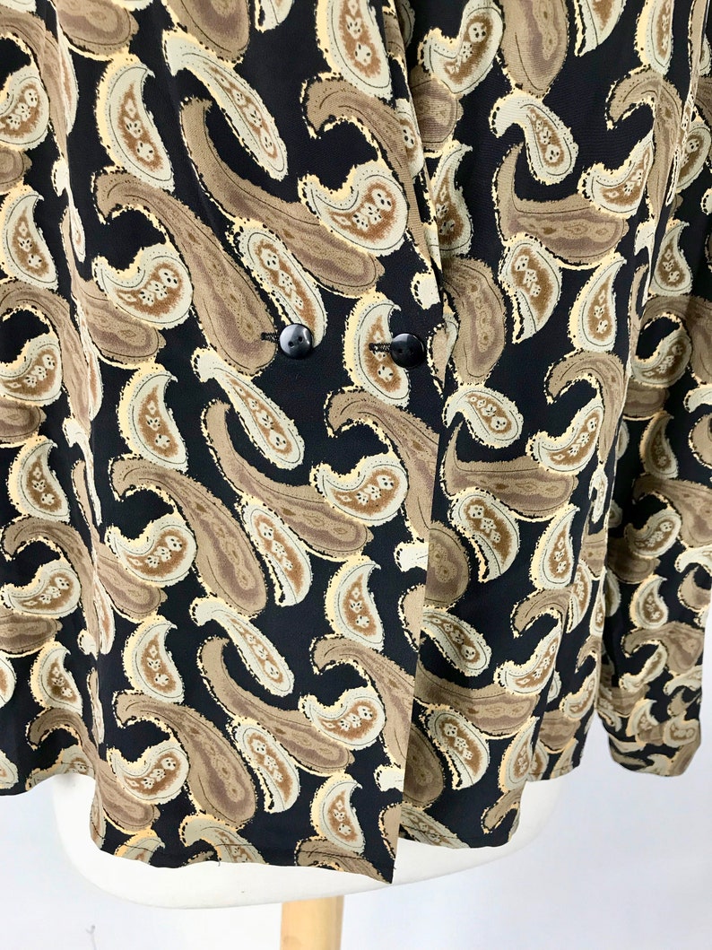 Vintage 90s Olive Green Paisley Silk Blouse Shirt Blazer Jacket 90s Button Up Top Double Breasted Summer Coat Sheer Blouse Dress Top