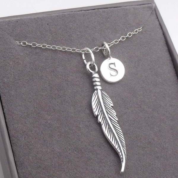 Sterling Silver Feather Necklace | Feather Pendant | Personalised Feather Jewellery | Initial Letter Necklace | 925 Silver