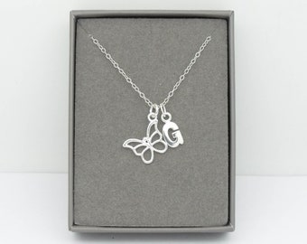 Sterling Silver Butterfly Pendant Initial Necklace | Silver Butterfly Jewellery | Personalised Butterfly Gift | 925