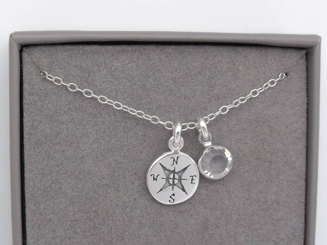 Sterling Silver Compass Birthstone Necklace Compass Pendant Traveler Jewellery Gift Long